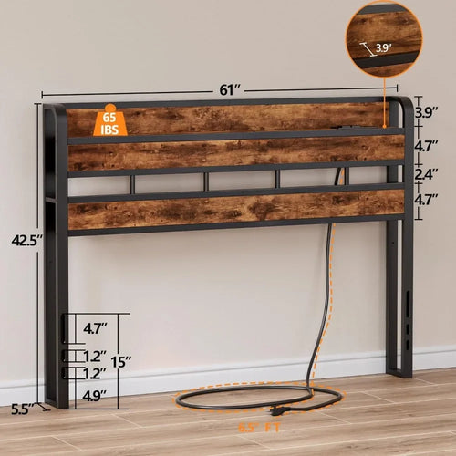 Queen Size Headboard with Storage Shelf and LED Light, USB Port and Charging Station, Sturdy Metal Frame & Wood Shelf - vue 7 sur 6
