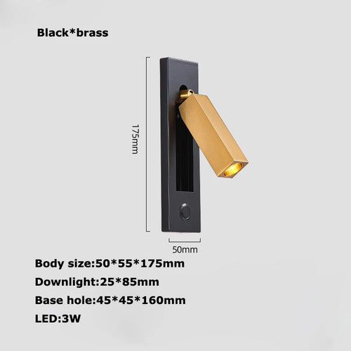 Black Brass Rectangular LED Wall Lamp Wall Sconce Wall Spotlight Reading Light with Switch and USB Port, Rotatable For Bedroom - vue 16 sur 22