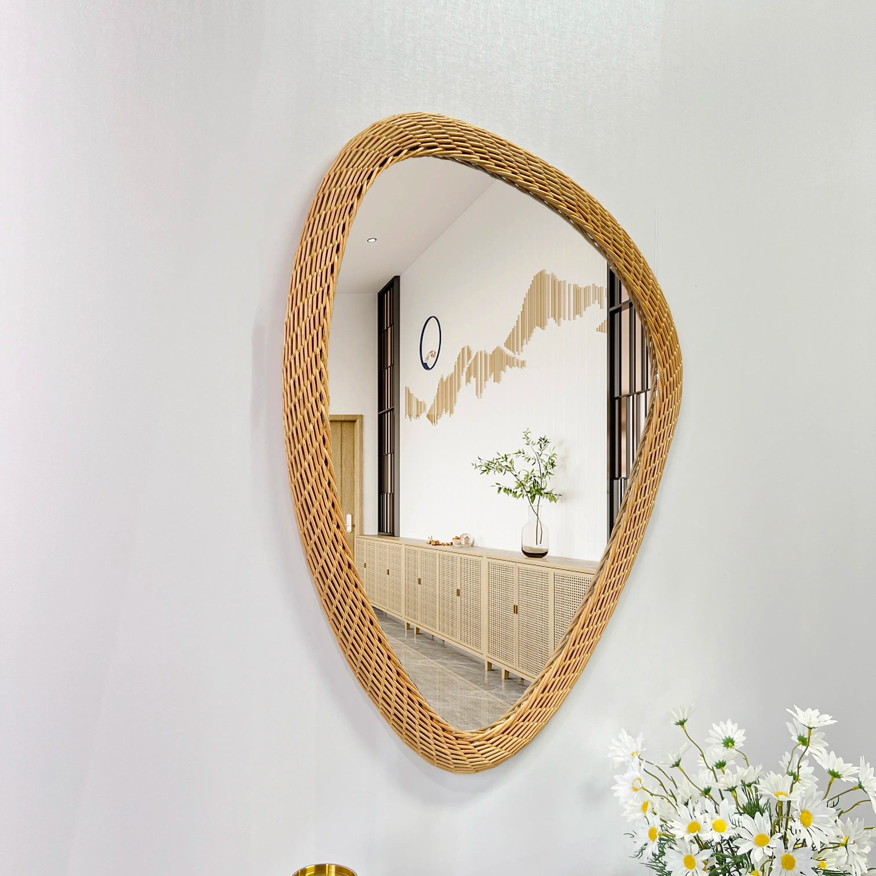 miroir bohème tissé en rotin fait main décoration artisanale - vue 4 sur 6