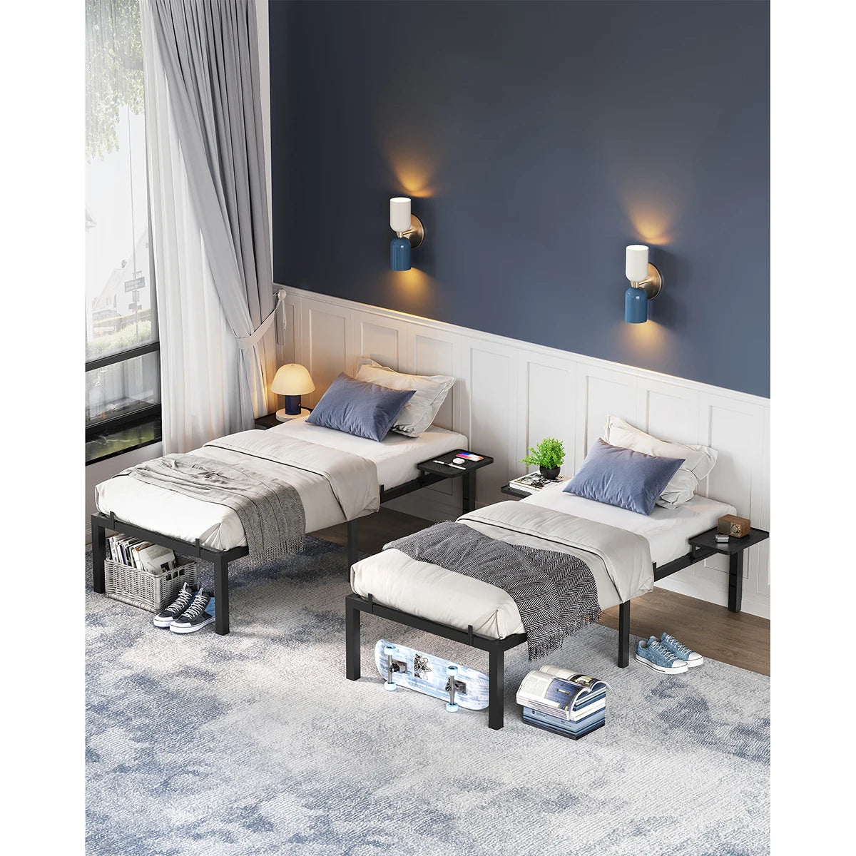 VASAGLE Single Bed Frame, Metal Bed Frame, with Bedside Shelves, Guest Bed Frame, for 90 x 190 cm Mattresses, Easy Assembly