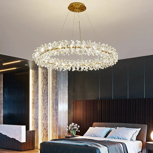 lustre en cristal fleur luminaire de luxe avec anneaux ronds