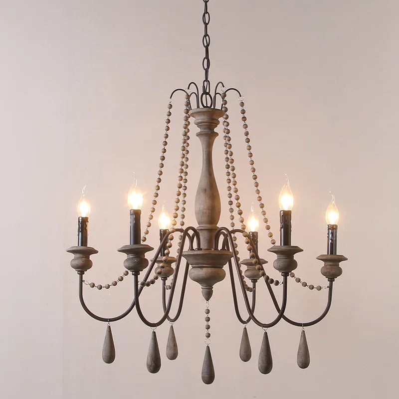 lustre vintage rustique en bois avec perles pour éclairage intérieur - vue 2 sur 6