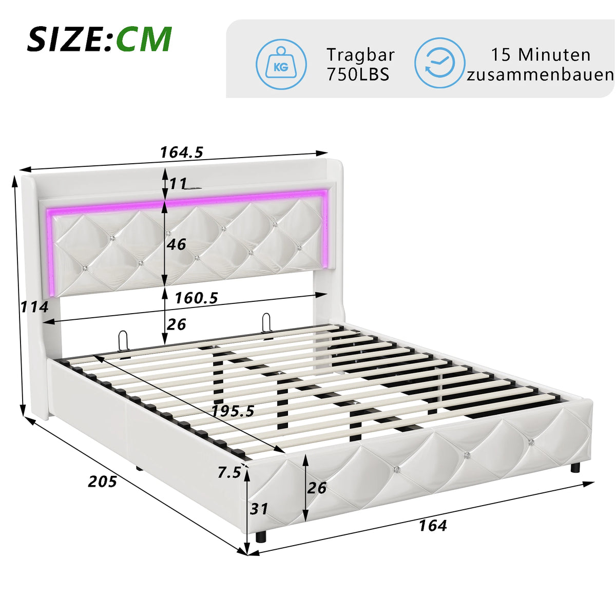 Upholstered Bed with LED Light, Charging Function, Air Pressure Metal Frame and Wooden Slatted Frame, PU, Without Mattress
