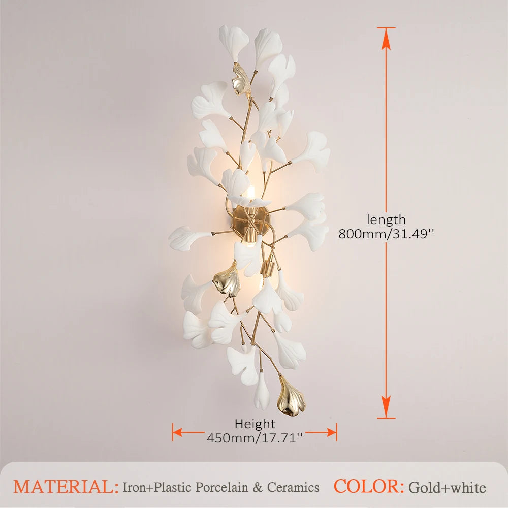 Moderne Wandleuchte aus Keramik mit goldener Ginkgoblatt-Optik für Hotels