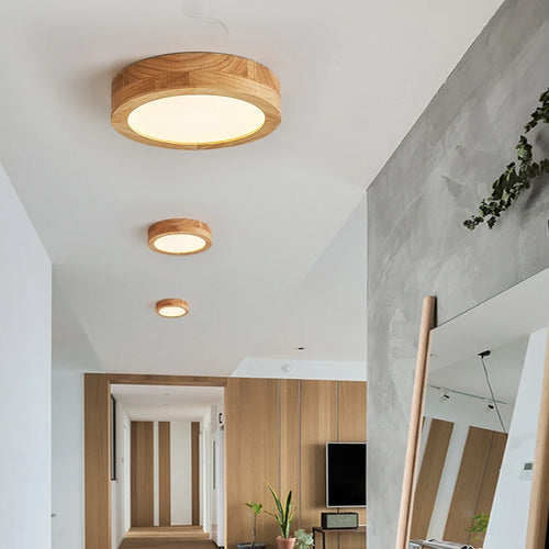 Runde LED-Deckenleuchte aus Holz im nordischen Stil - vue 2 sur 7