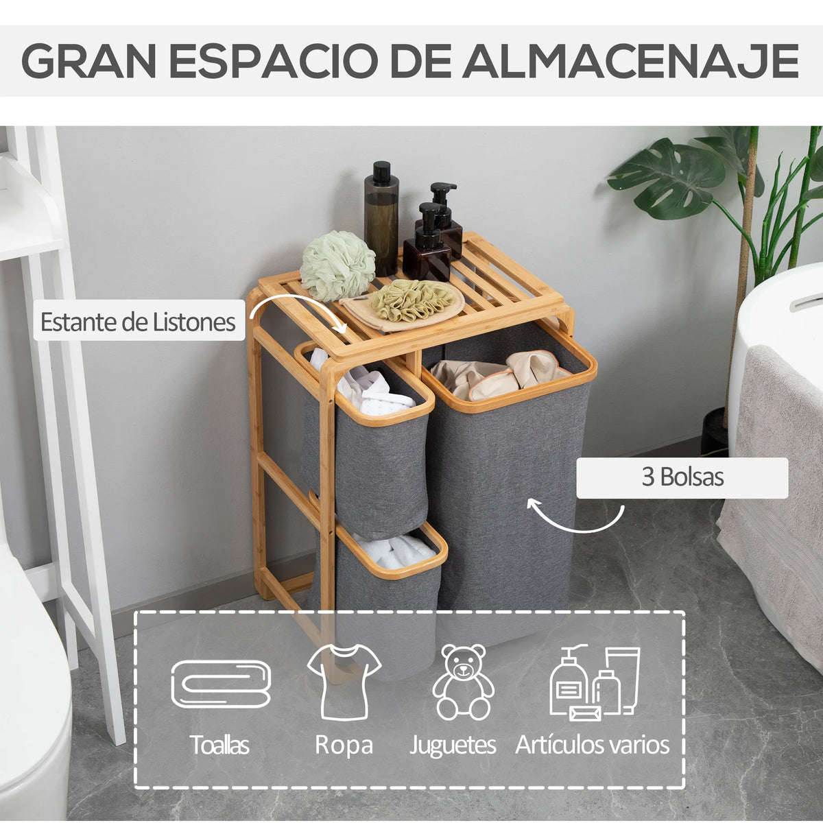 HOMCOM bamboo laundry hamper 3 removable fabric bags 50x32x69,7 cm - vue 4 sur 7