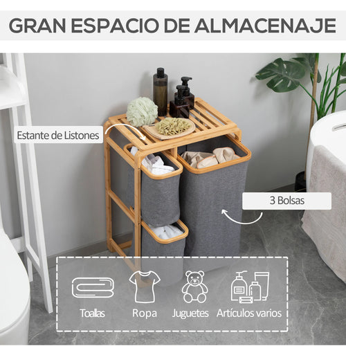 HOMCOM bamboo laundry hamper 3 removable fabric bags 50x32x69,7 cm - vue 5 sur 7