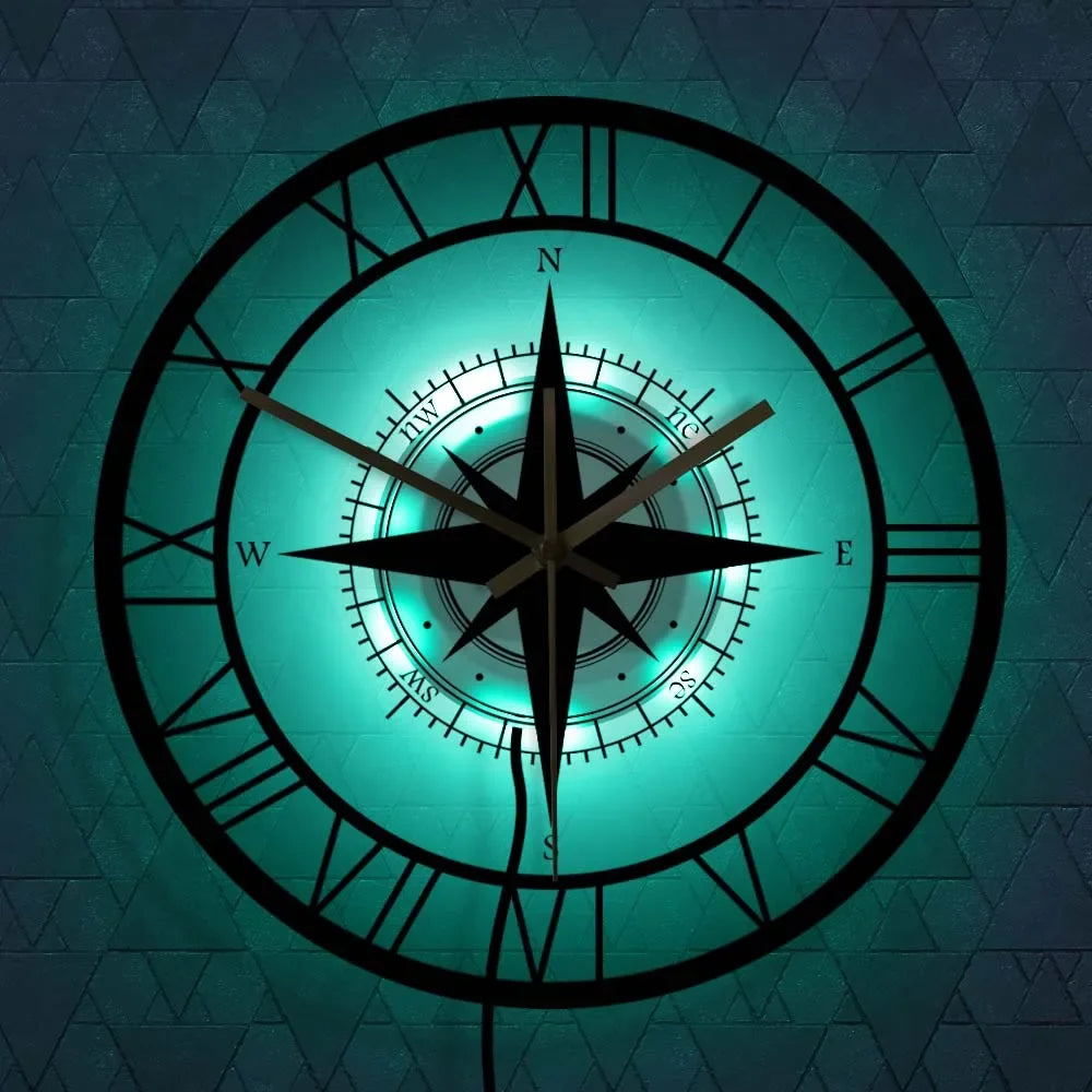 horloge murale silencieuse avec boussole et carte de direction - vue 6 sur 7