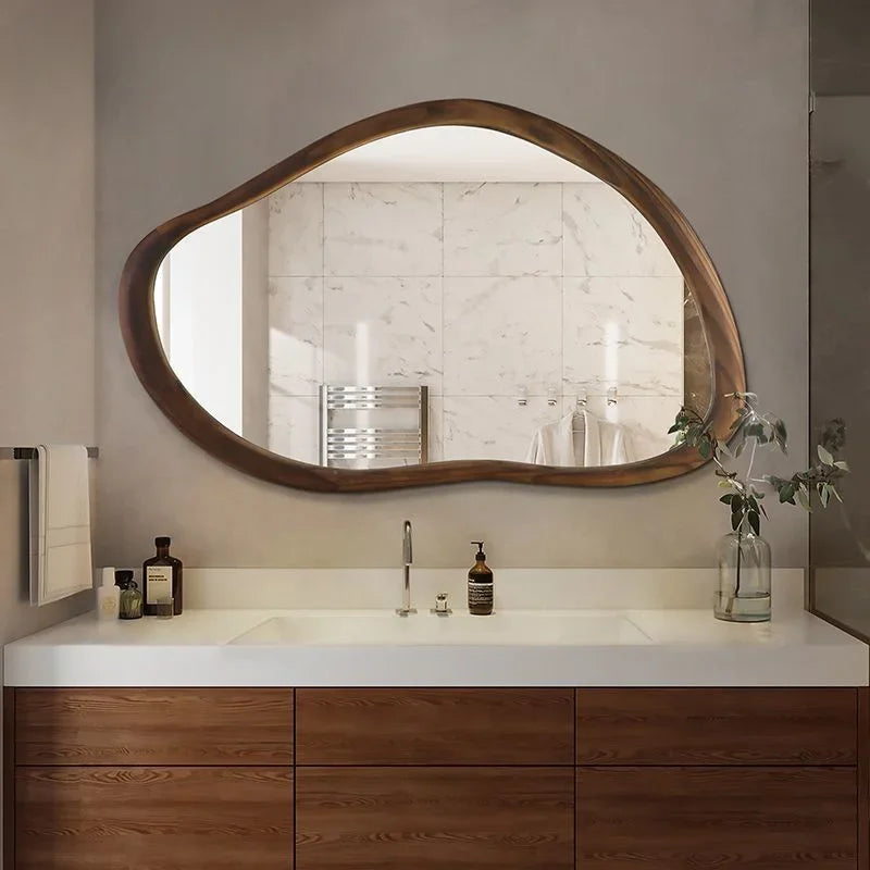 American solid wood bathroom mirror with irregular and retro decoration, Nordic household dressing mirror