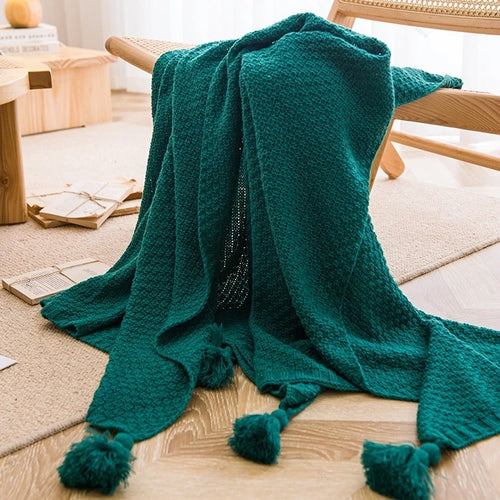 Plaid grosse maille gaufrée style nordique avec pompons