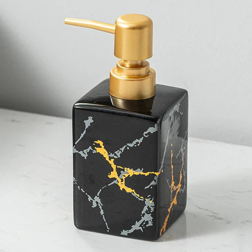 distributeur de savon en céramique avec pompe dorée pour salle de bain - vue 13 sur 17