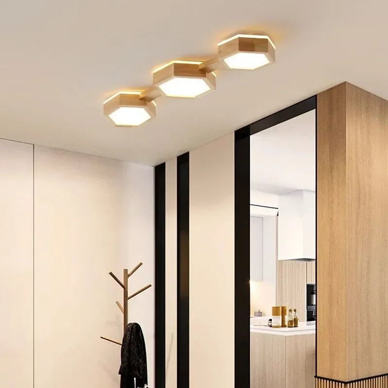 Plafonnier en bois nordique minimaliste 3 têtes hexagonales couloir décor à la maison luminaires pour chambre allée hôtel salon éclairage