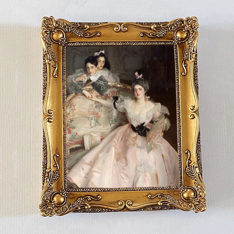 Rectangular retro gold resin photo frame. Wall relief with frame painting, combination of creative picture frame. Canvas album.