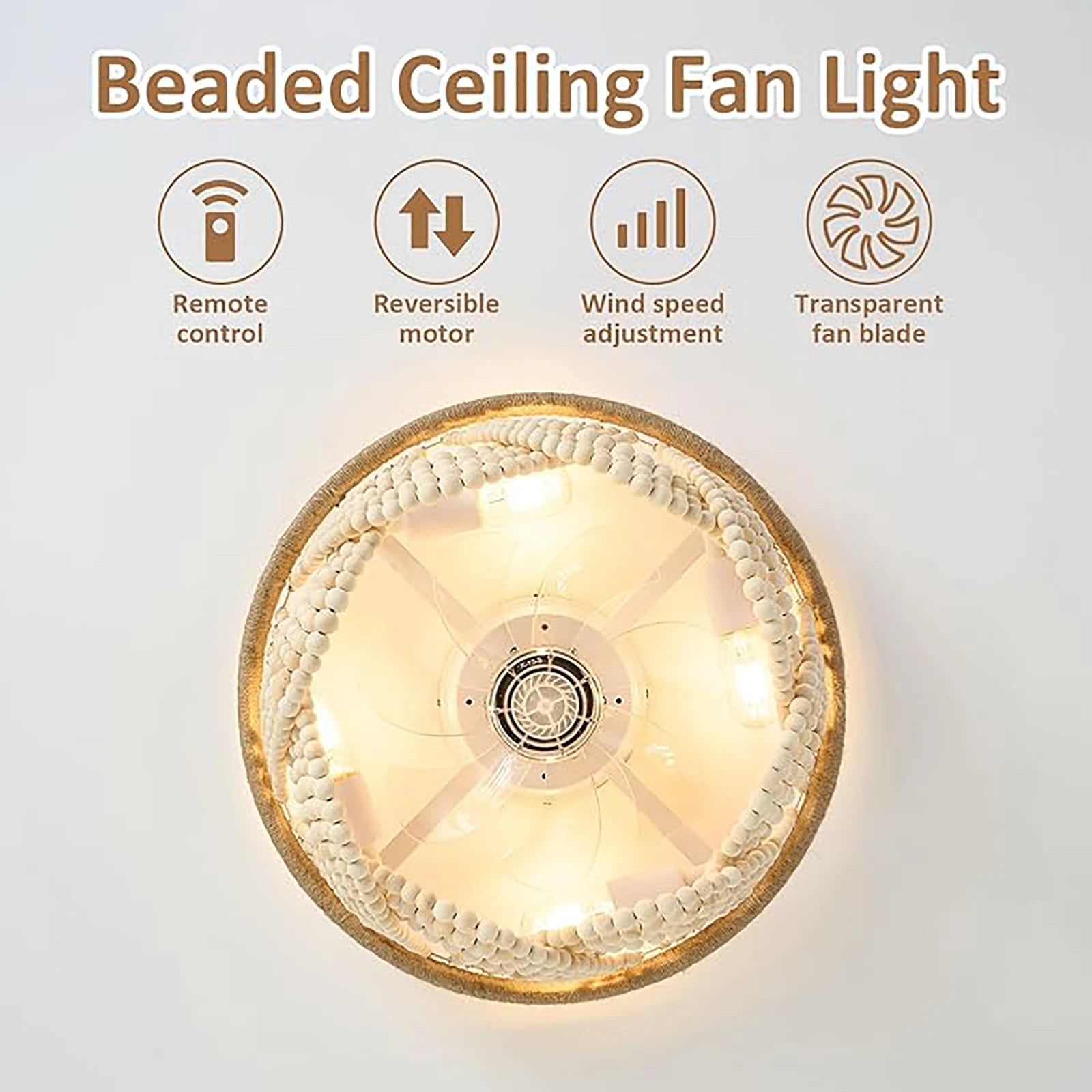 plafonnier led bohémien en perles de bois avec télécommande style nordique vintage - vue 5 sur 6