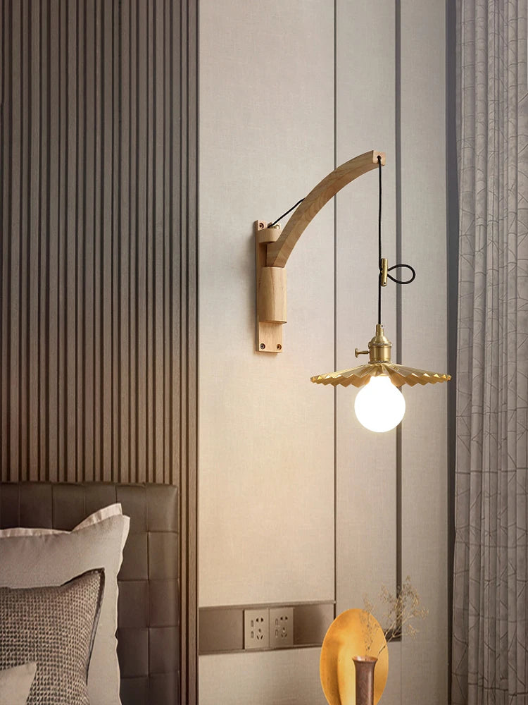 Solid Wood Fishing Wall Lamp, Master Bedroom Bedside Lamp Creative Natural Wood Color Living Room Corridor Lighting Fixture