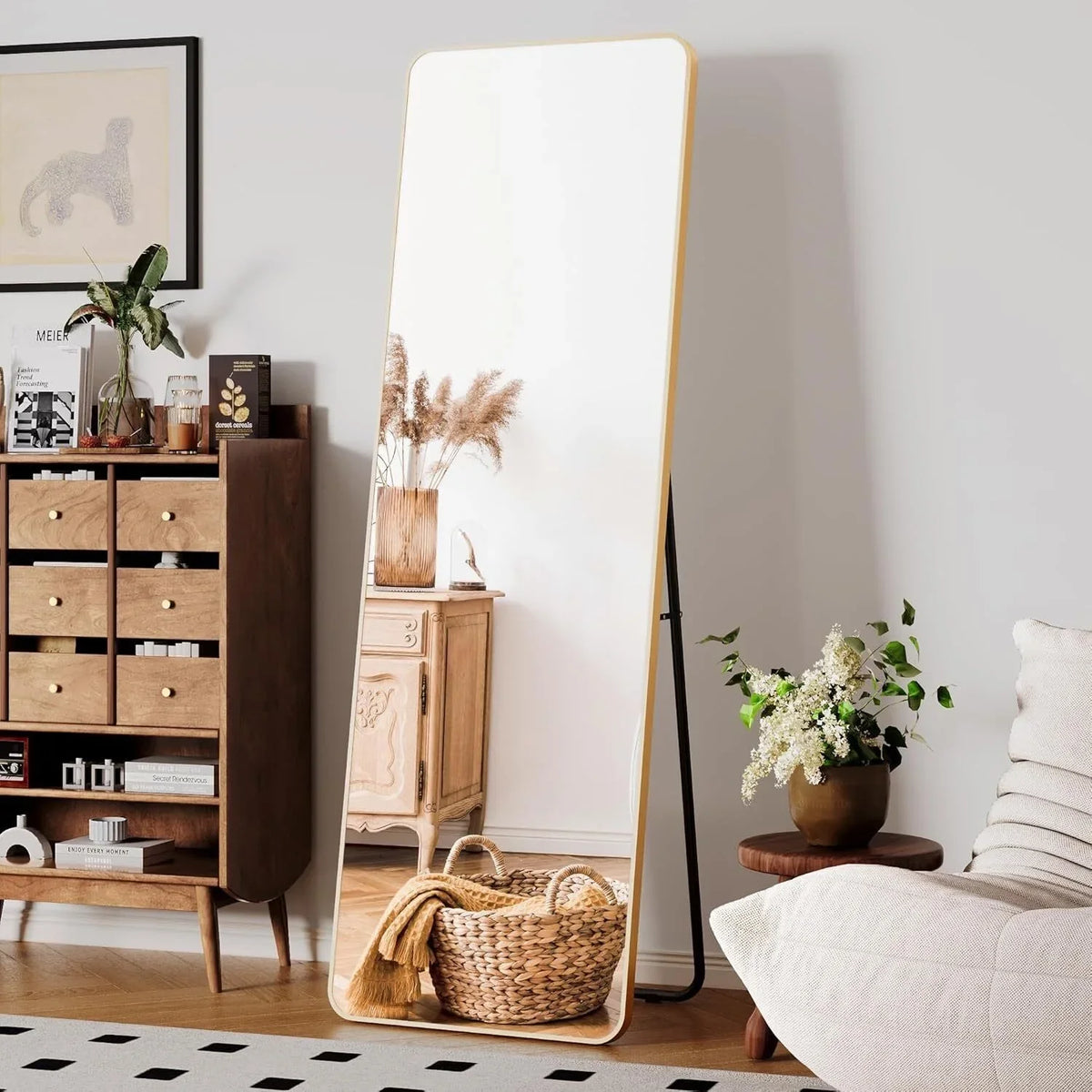 Full Length Mirror 162x53cm Full Body Mirror Rectangle Free Standing Wall Mounted Leaning Hanging Floor Mirrors, Black/Gold - vue 5 sur 12
