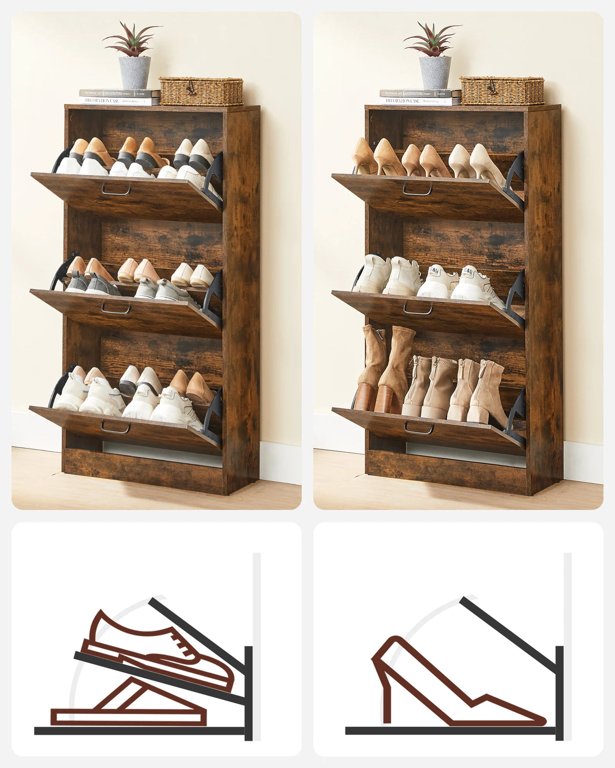 VASAGLE 3-Leaf Shoe Cabinet, 3-Tier Storage Cupboard, Rustic Brown - vue 5 sur 7