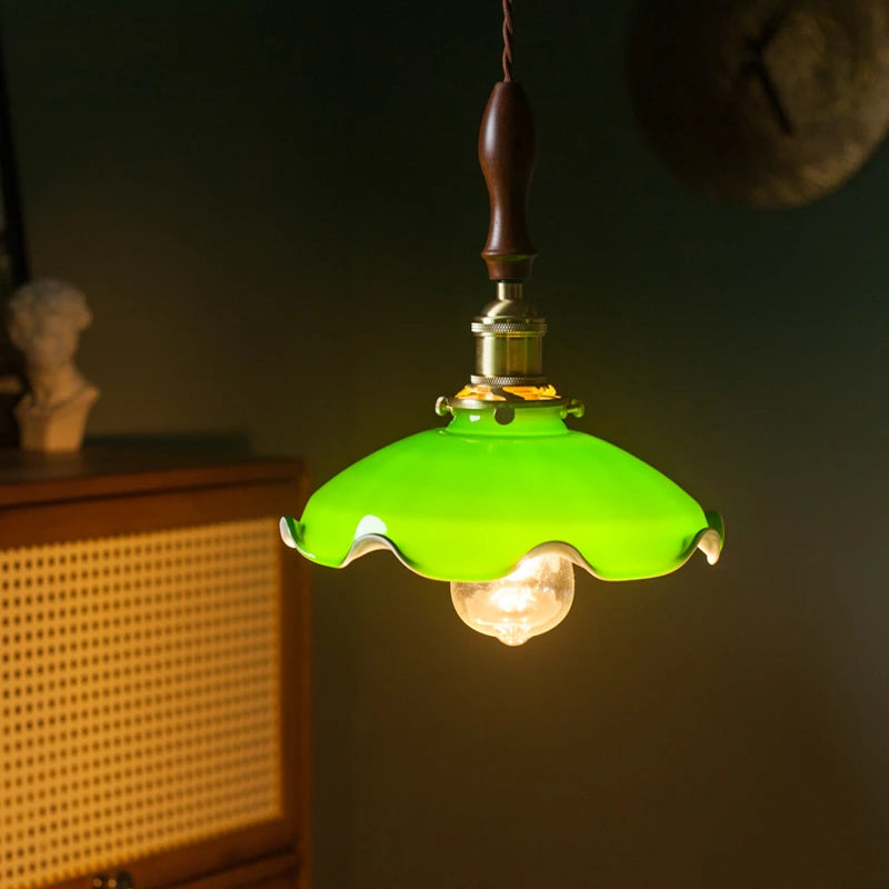Suspension vintage en cuivre bois verre style américain edison - vue 5 sur 30