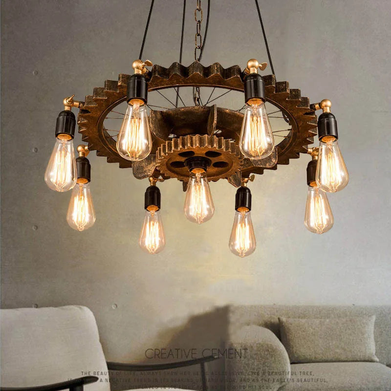 lustre industriel rétro créatif 9 têtes en bois pour loft restaurant café - vue 3 sur 9