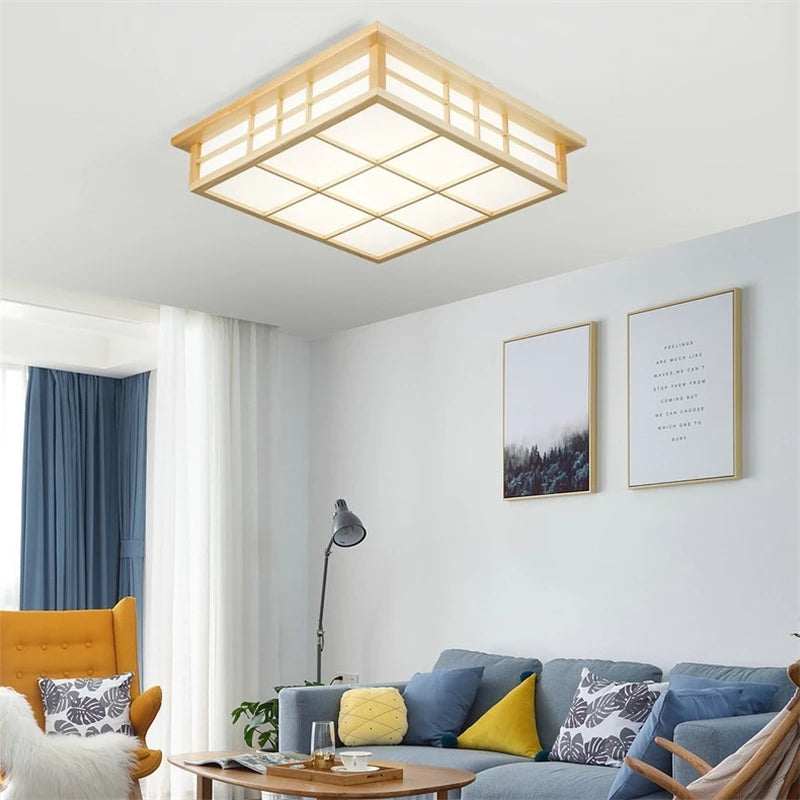 plafonnier carré en bois japonais led moderne restaurant - vue 5 sur 7
