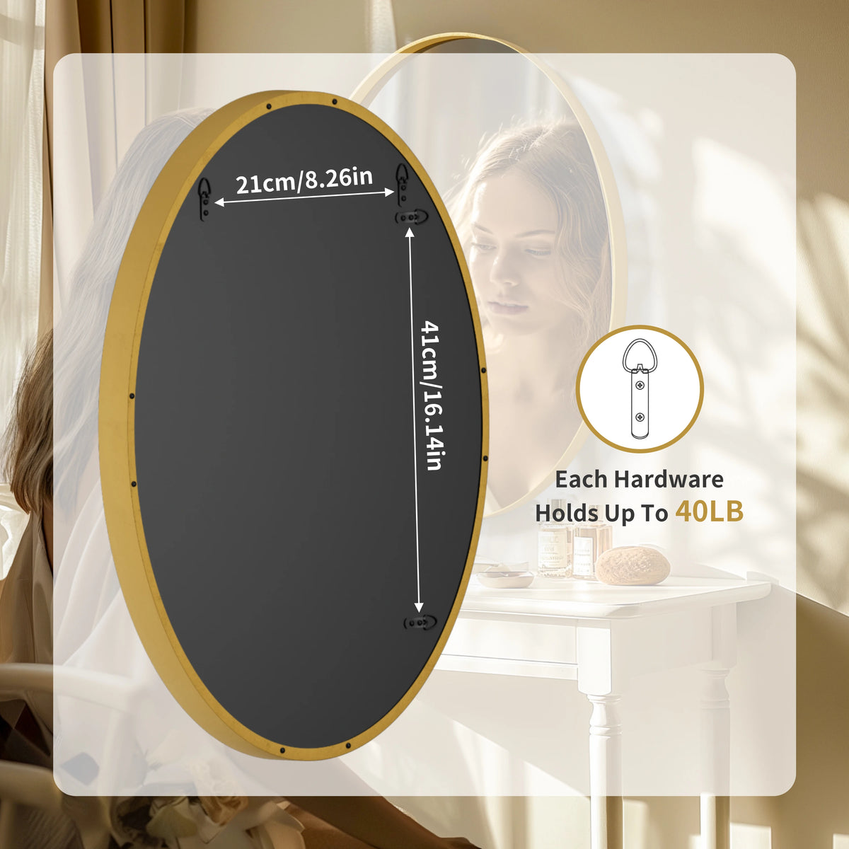 Oval Gold Bathroom Mirror, Gold Framed Mirror for Wall, Metal Frame Gold Circle Mirror Decorative - vue 6 sur 7