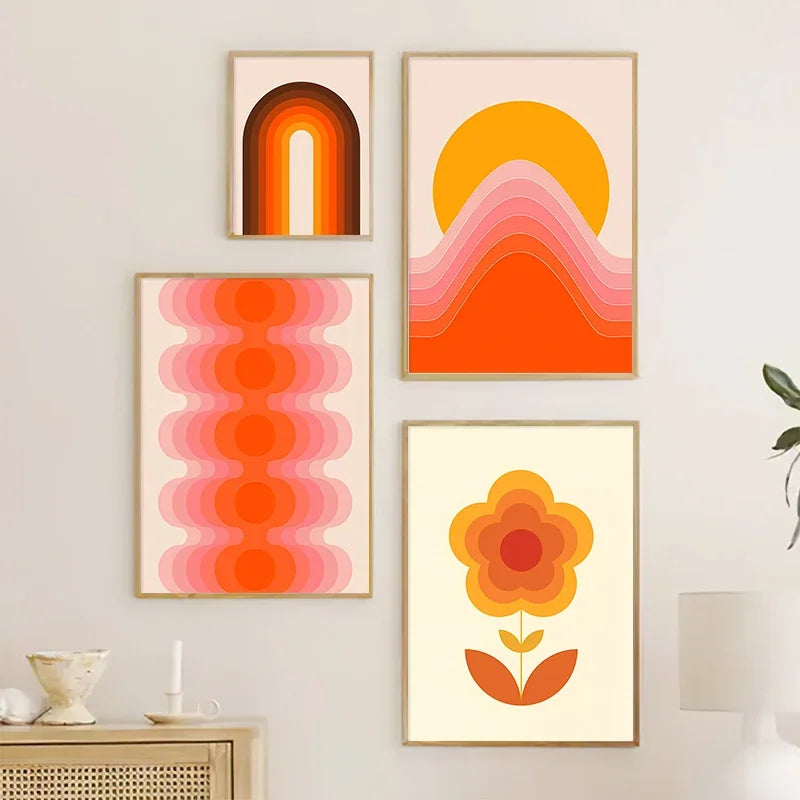impressions d'art rétro coucher de soleil fleurs papillon décor mural boho