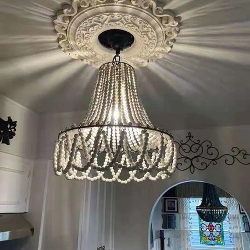 Kronleuchter aus Holzperlen im nordischen Boho- und Landhausstil - vue 3 sur 7