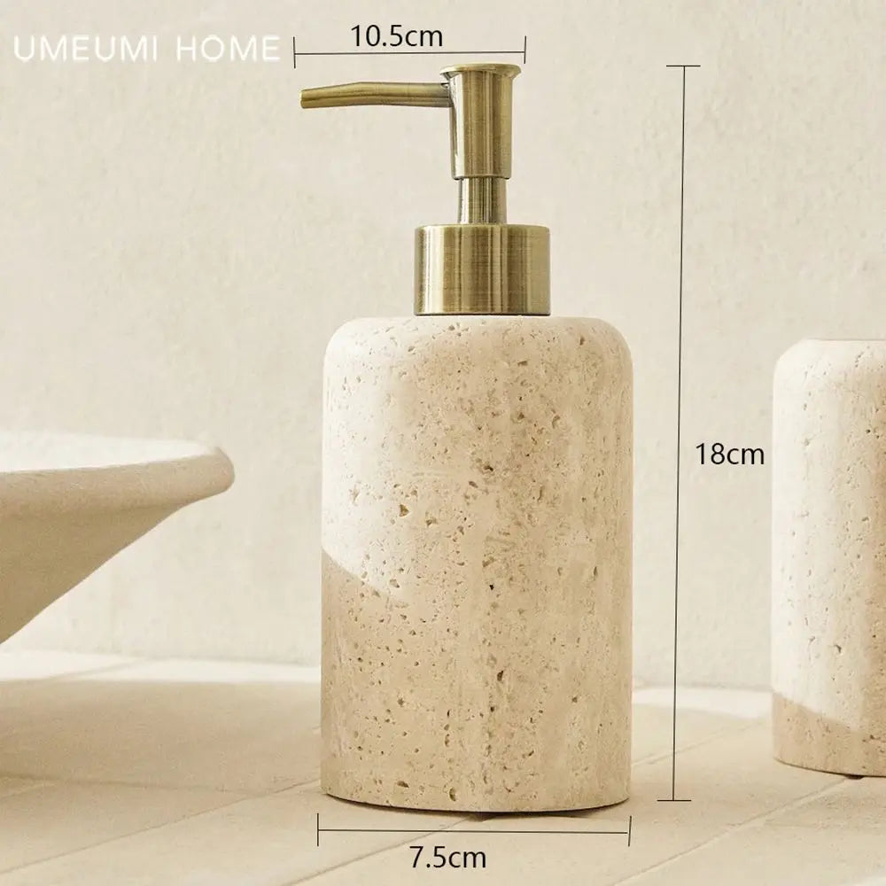 distributeur de liquide en marbre et travertin avec tête dorée - vue 7 sur 7