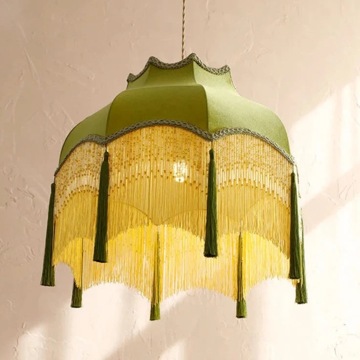 lustre led français vintage velours or glands - vue 5 sur 6