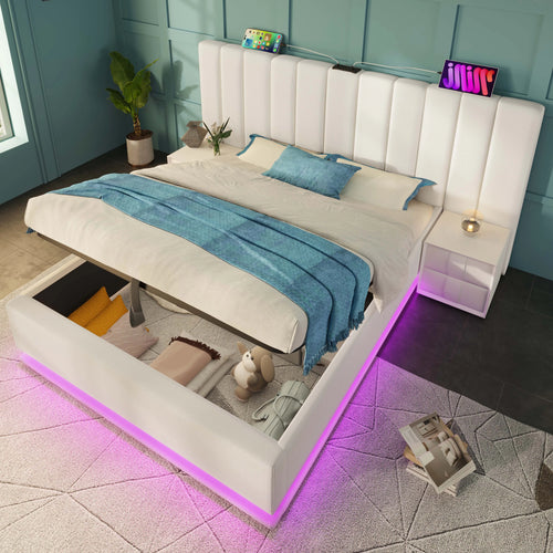 Upholstery bed 180 × 200, double bed storage bed with App Control LED and USB-C charging function, bed rack with slatted frame, PU, White, O - vue 4 sur 6