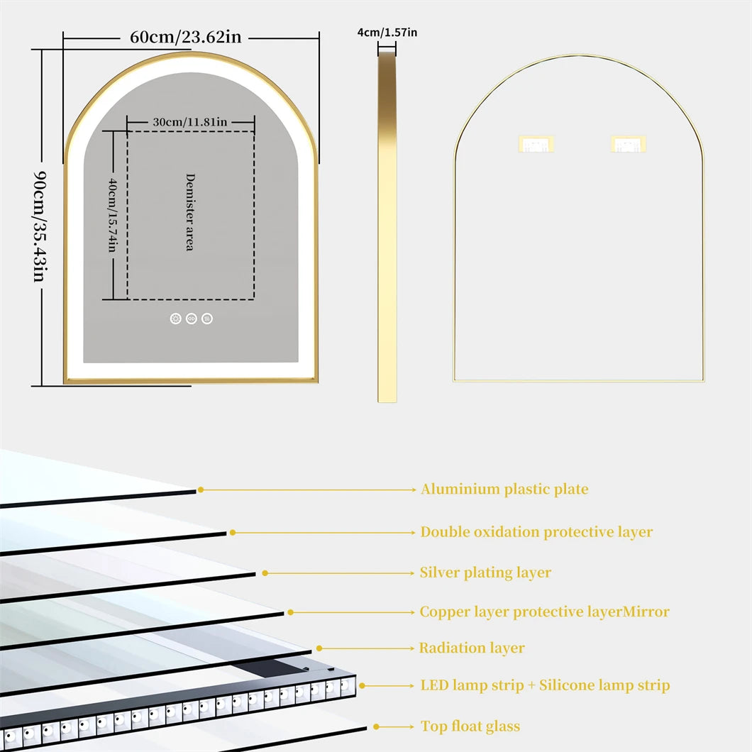 miroir mural à led doré anti-buée éclairage variable cadre en aluminium - vue 7 sur 6