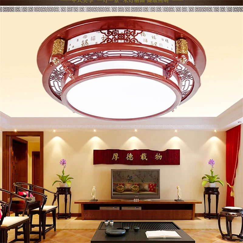 plafonnier vintage chinois en bois avec luminaire acrylique