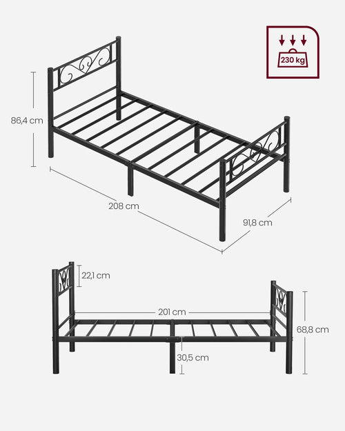 VASAGLE Single Bed Frame, Metal Bed Frame, Fits 90 x 190 cm Mattress, Easy Assembly, for Small Spaces, Guest Room, Black - vue 6 sur 7