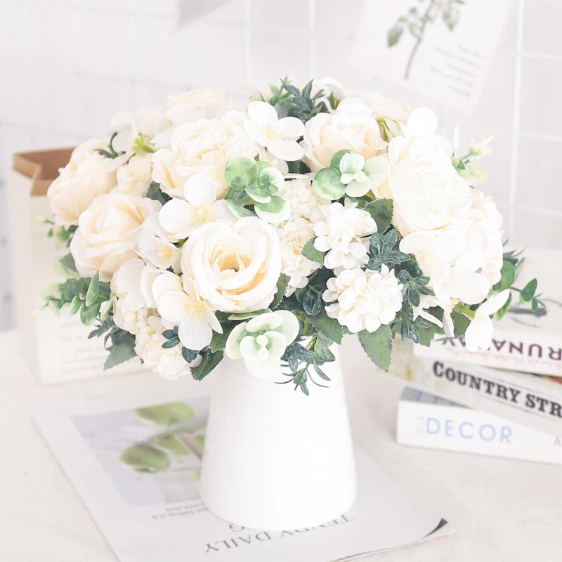 fleurs artificielles soie pivoine hortensia décoration mariage bouquet - vue 7 sur 40
