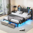 Double Bed with Metal Slatted Base,Platform Bed Frame with LED and 2 Drawers,Headboard with Storage Space,without mattress