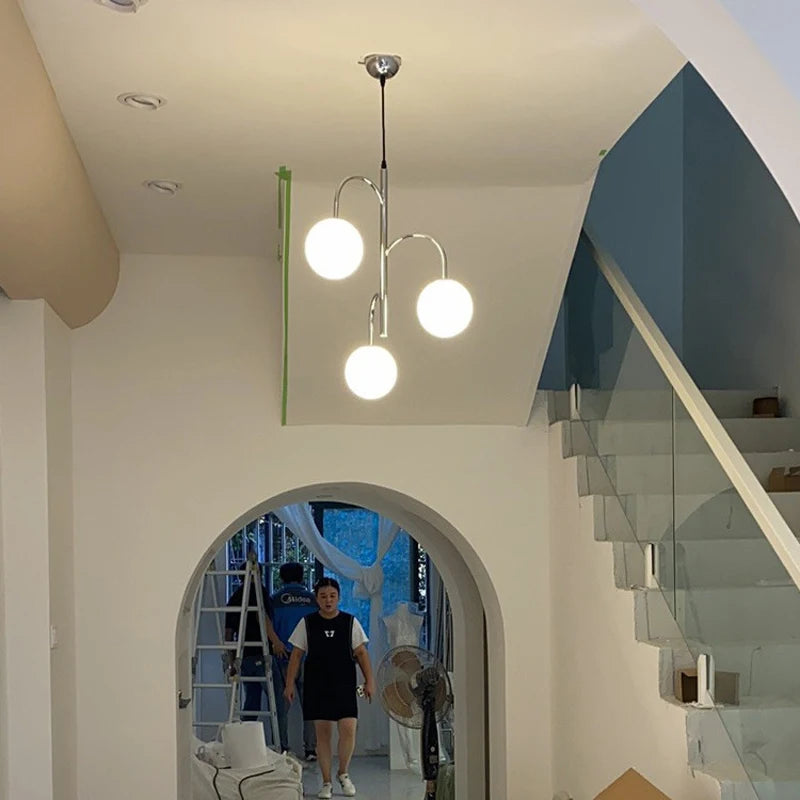 lustre boule de verre scandinave avec tige et câble de suspension - vue 5 sur 8