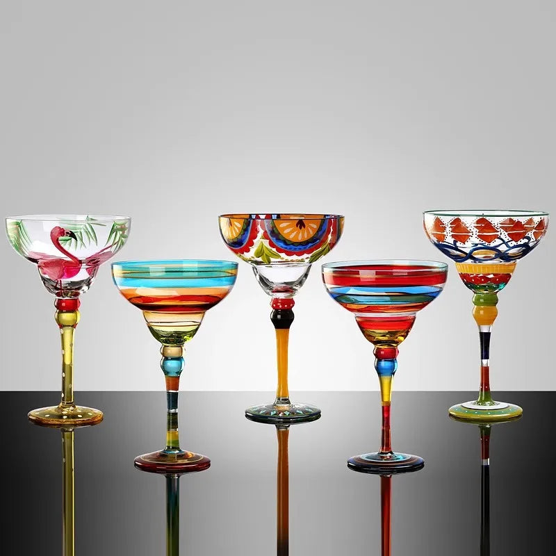 Verre cocktail margarita peint flamant motif rayures - vue 2 sur 5