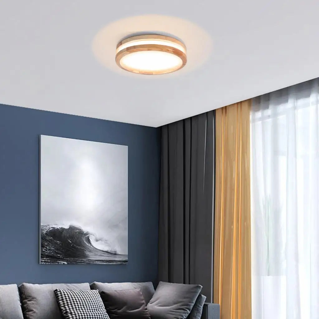 plafonnier led bois moderne nordique rond luminaire intérieur - vue 5 sur 7