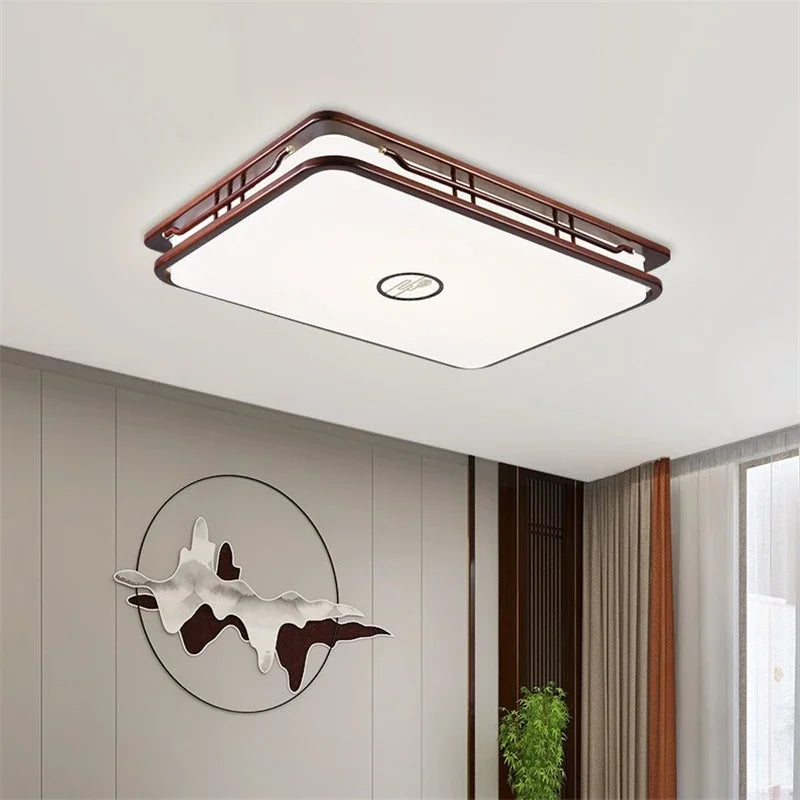 plafonnier moderne en bois massif style chinois avec lampe LED - vue 4 sur 10