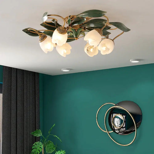 Französische Retro-Deckenleuchte mit Blumen aus Kupfer für Wohnzimmer und Schlafzimmer - vue 4 sur 6