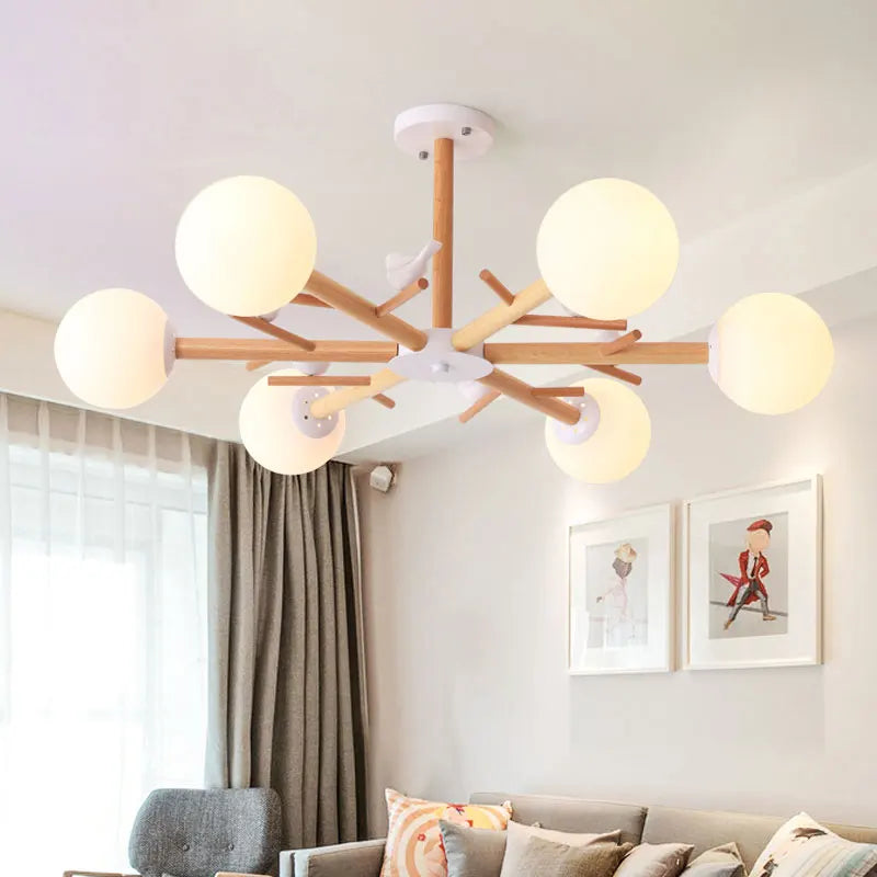lustre en bois naturel avec abat-jour rond en verre moderne - vue 5 sur 9