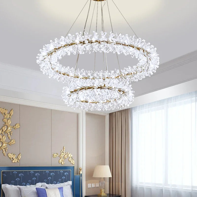 Lustre en cristal de fleur moderne Suspension lustres LED de luxe pour salon 60 80 100 cm anneaux suspendus suspension - vue 5 sur 16