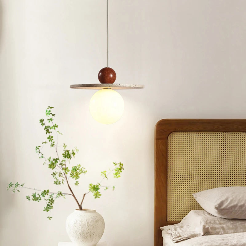 lustre rond en pierre et bois avec cordon réglable pour