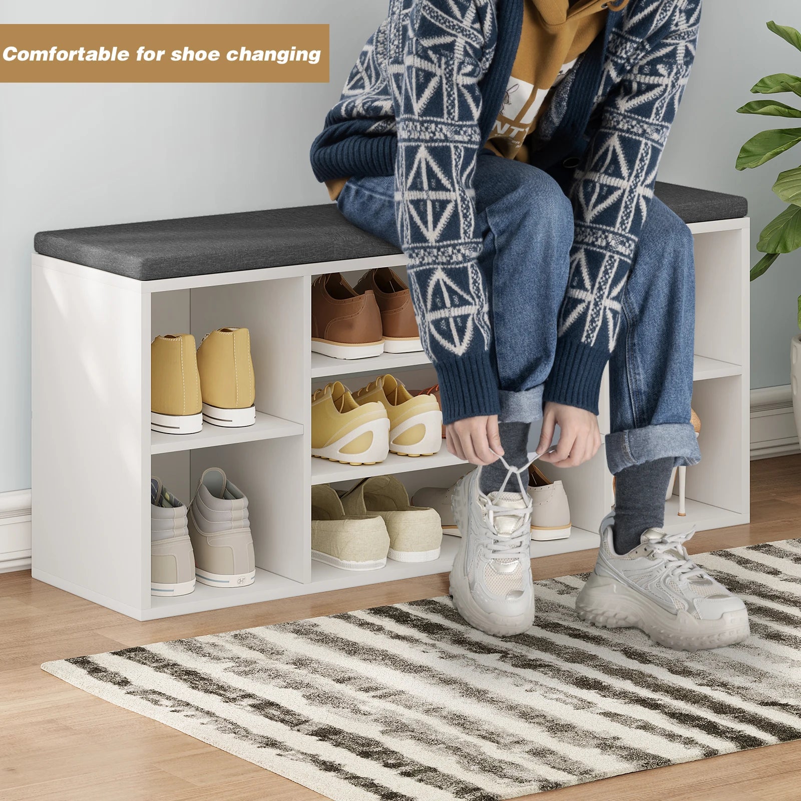 banc de rangement à chaussures avec coussin et compartiments pratiques - vue 6 sur 6