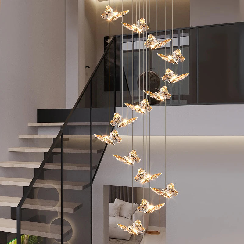 lustre long nordique postmoderne papillon acrylique luxe villa - vue 4 sur 18