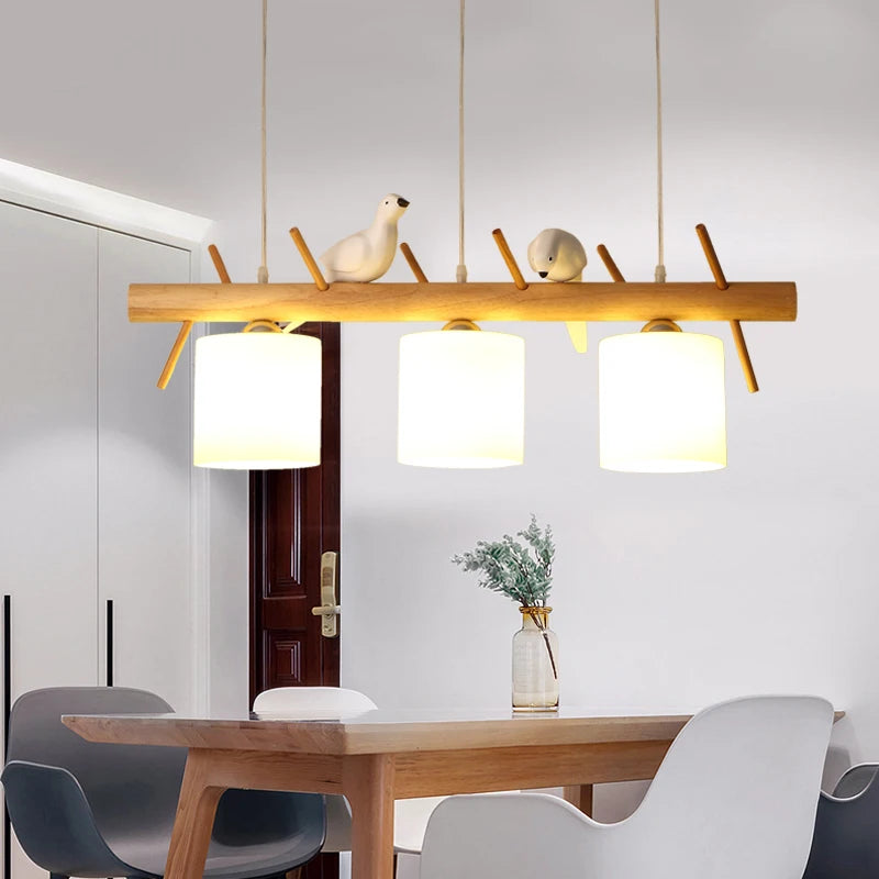 Lustre nordique en bois massif avec oiseaux - vue 5 sur 9