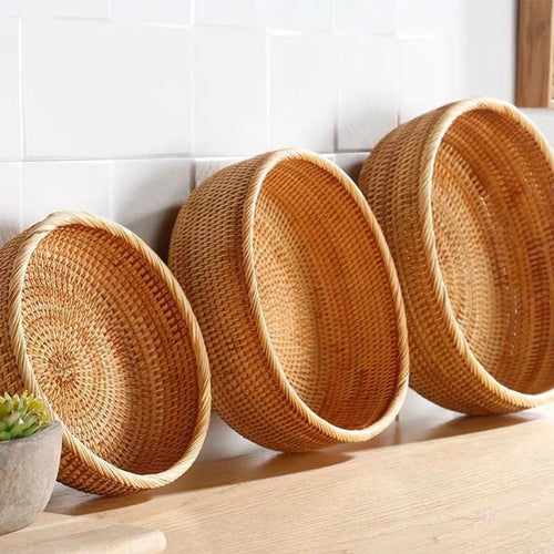 panier rond en rotin tissé pour fruits et collations