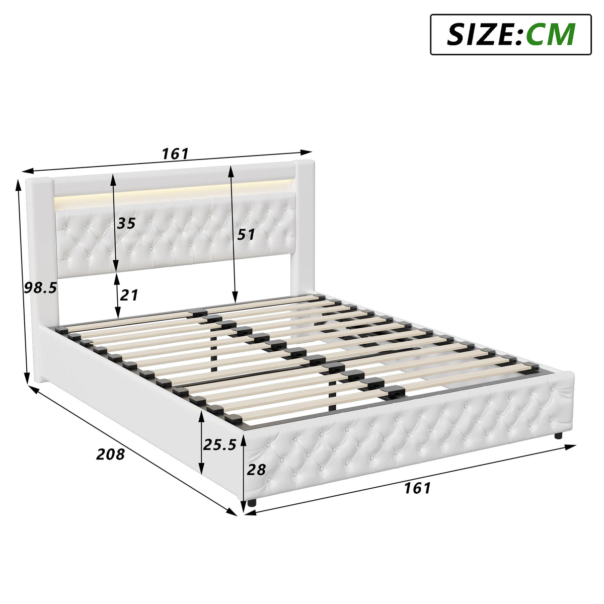 Upholstered Bed, Double Bed, PU Bedside Lamp, Hydraulic Functional Storage Bed, Headboard and Slatted Base, Padded Backrest - vue 8 sur 9