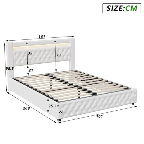 Upholstered Bed, Double Bed, PU Bedside Lamp, Hydraulic Functional Storage Bed, Headboard and Slatted Base, Padded Backrest - vue 9 sur 9