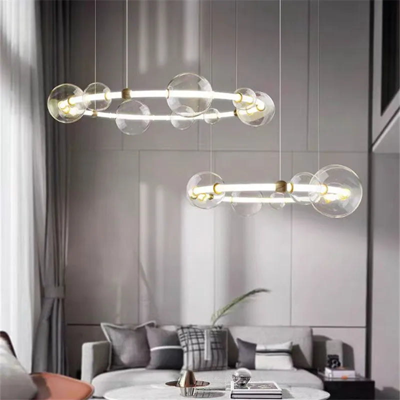 lustre de luxe à bulles longue bande éclairage led en verre transparent créatif - vue 5 sur 15